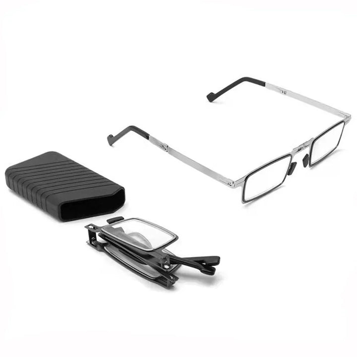 Unisex folding reading glasses, silver frames, shown compact for travel, portable eyewear with clear vision.