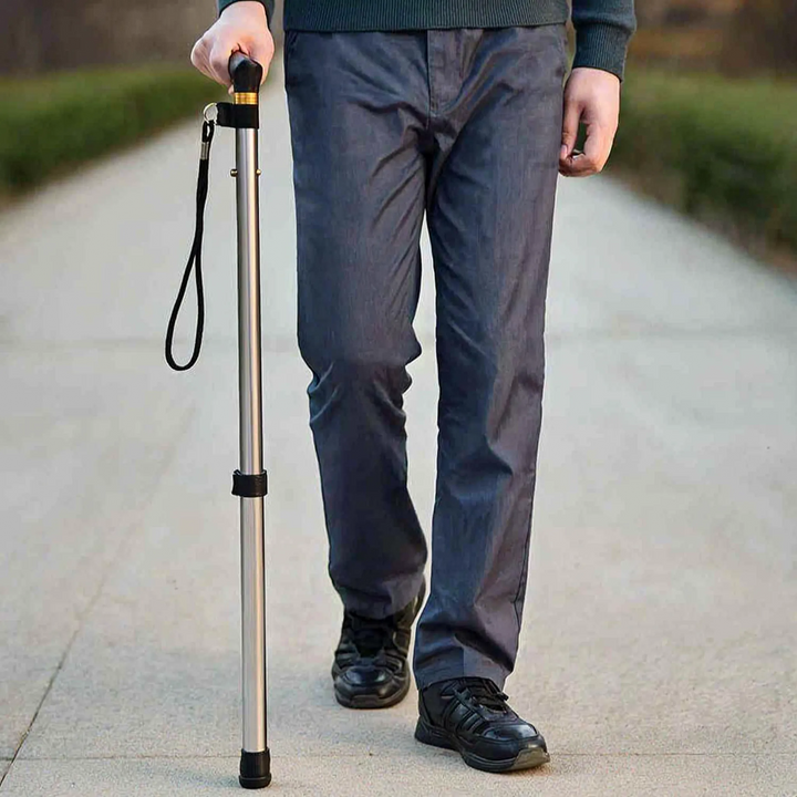 Unisex folding walking cane, adjustable height, black, portable mobility aid for travel & elderly support.