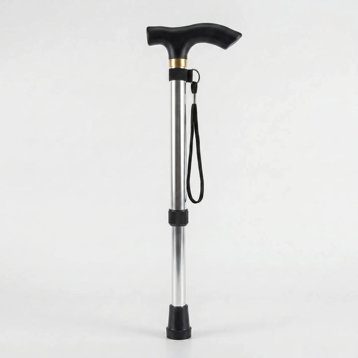 Fully extended telescopic walking stick, unisex design, providing sturdy adjustable support for walking.