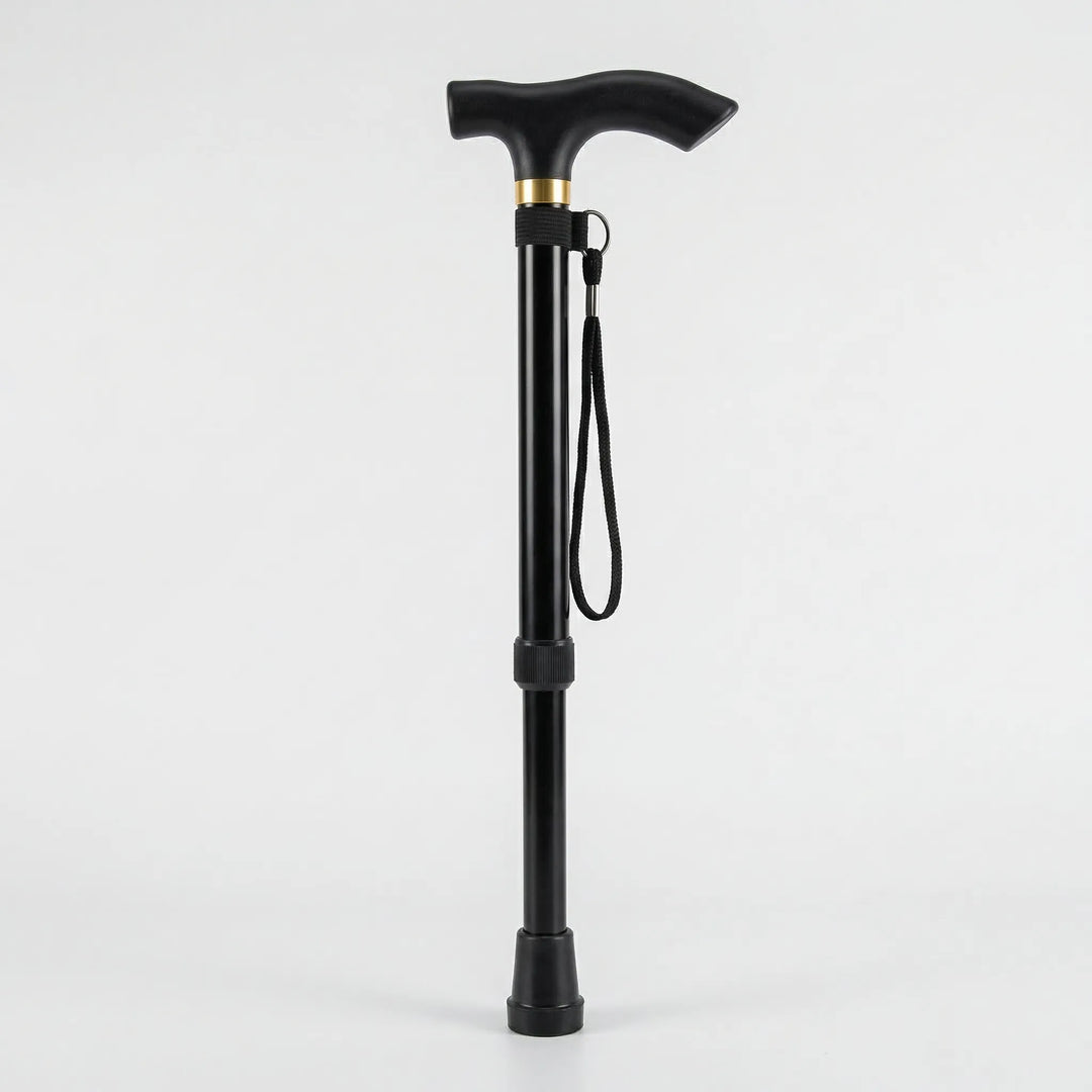 Travel-friendly folding walking cane, compact design for easy packing. Essential portable support for adventurers.