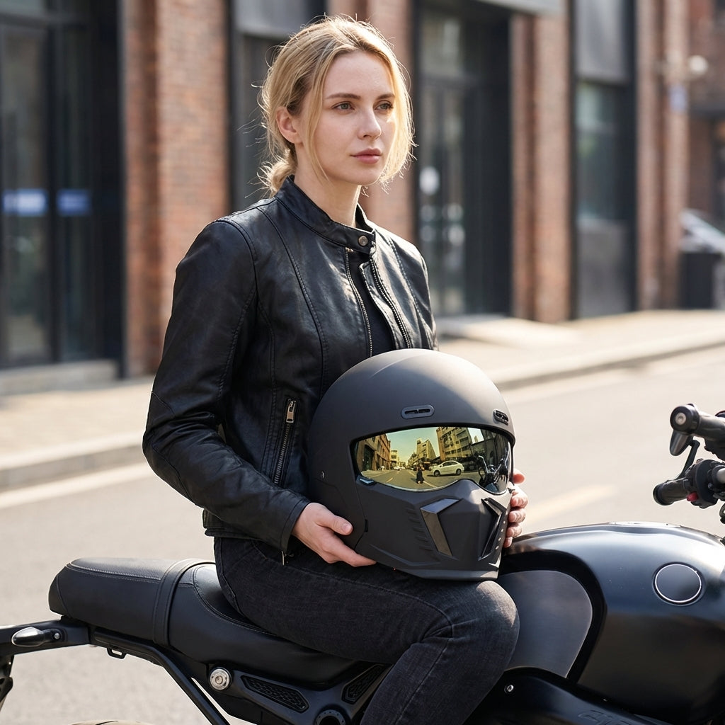 Safety certified full face motorcycle helmet for men & women, offering maximum head protection.