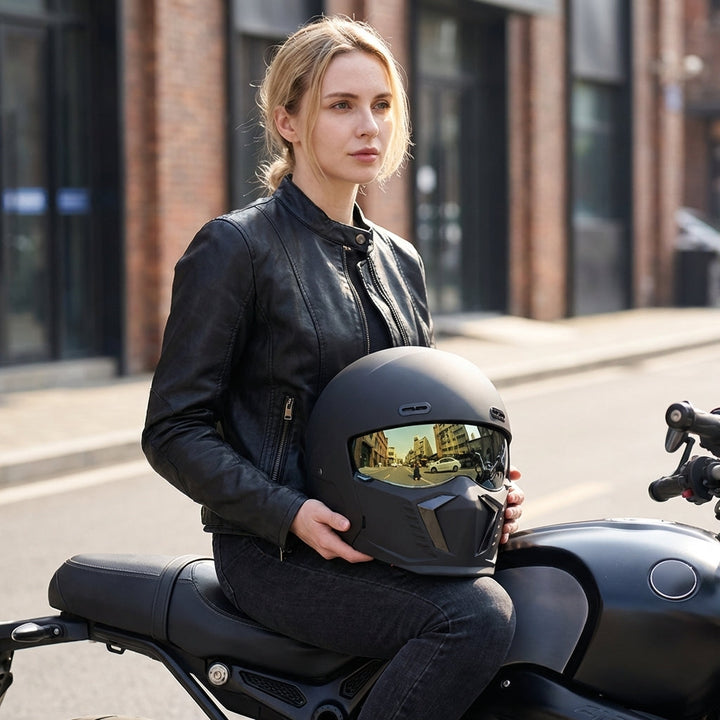 Safety certified full face motorcycle helmet for men & women, offering maximum head protection.