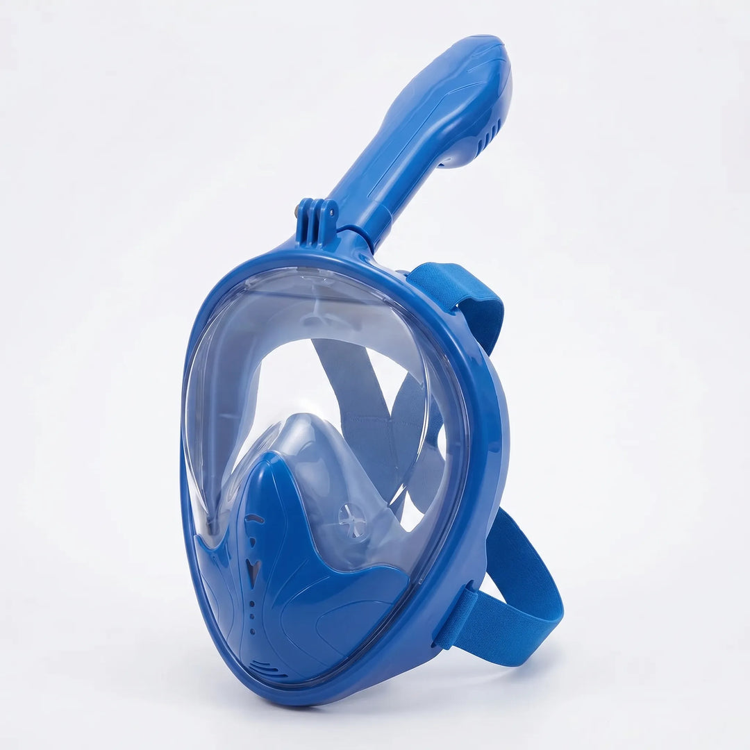 Ergonomic design of a full-face snorkel mask, perfect for easy breathing and panoramic viewing during swimming and diving.