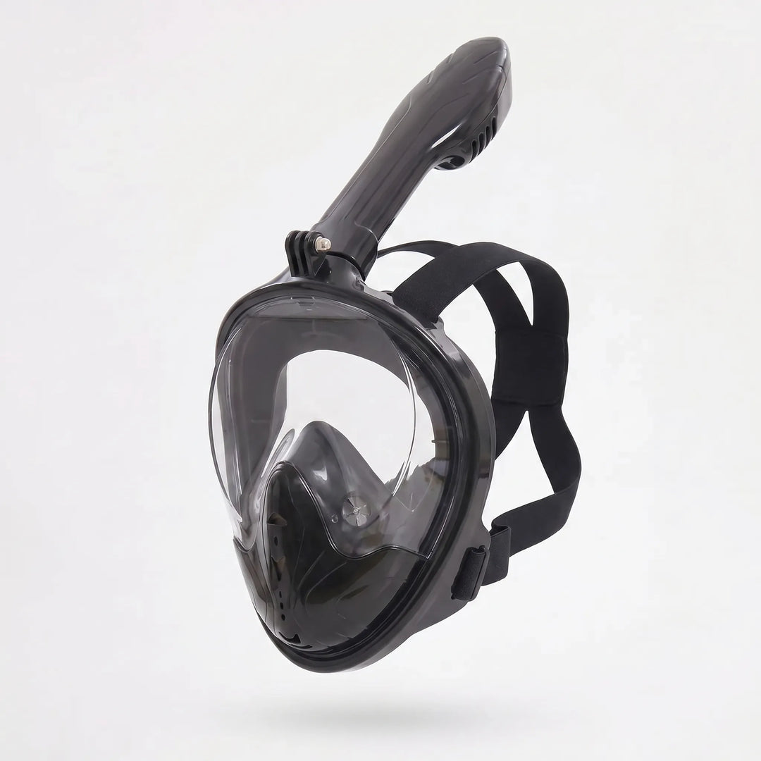Comfortable full-face snorkel mask designed for natural breathing, ensuring a relaxing panoramic underwater swimming experience.