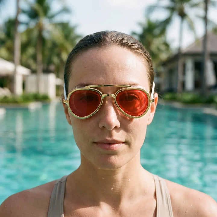 Unisex full-view aviator swim goggles with wide-view anti-fog lenses. Essential swimming gear for pool, beach, and water sports.