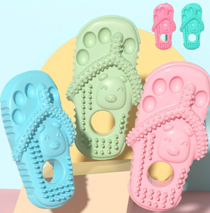 Unisex fun flip flop dog chew toy for dental care, durable for all dogs.