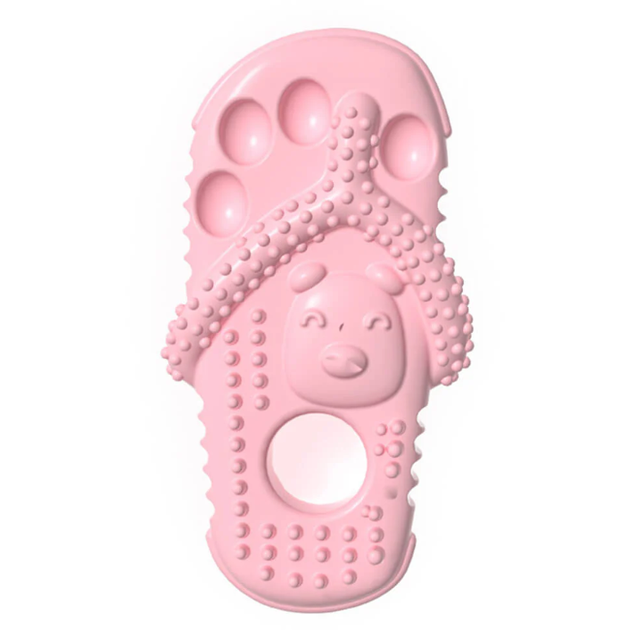 Interactive dog flip flop chew toy, great for pet dental health and stimulating play.
