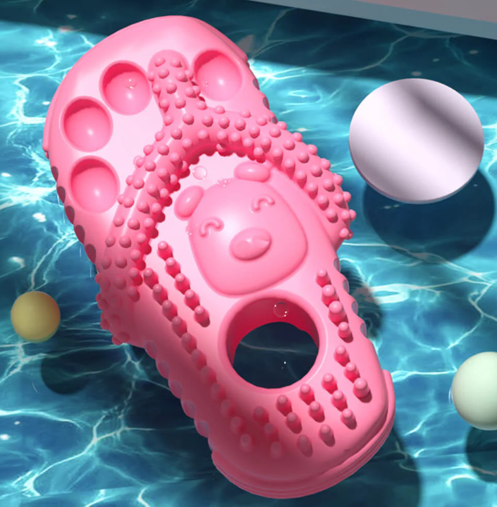 Engaging unisex flip flop dog chew toy, aids in dog dental health and provides hours of fun.