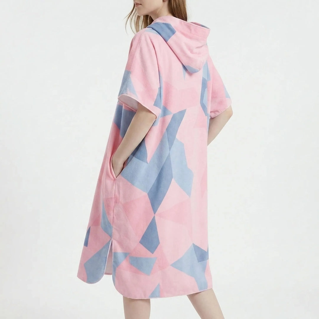 Quick-dry hooded surf poncho with geometric print, ideal for watersports & beach changing.