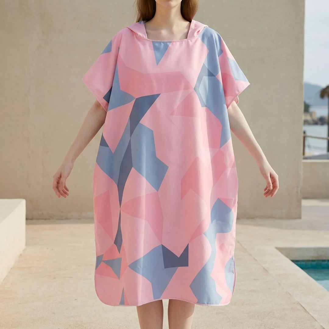 Stylish geometric print hooded poncho, perfect for discreet changing after swimming or surfing.