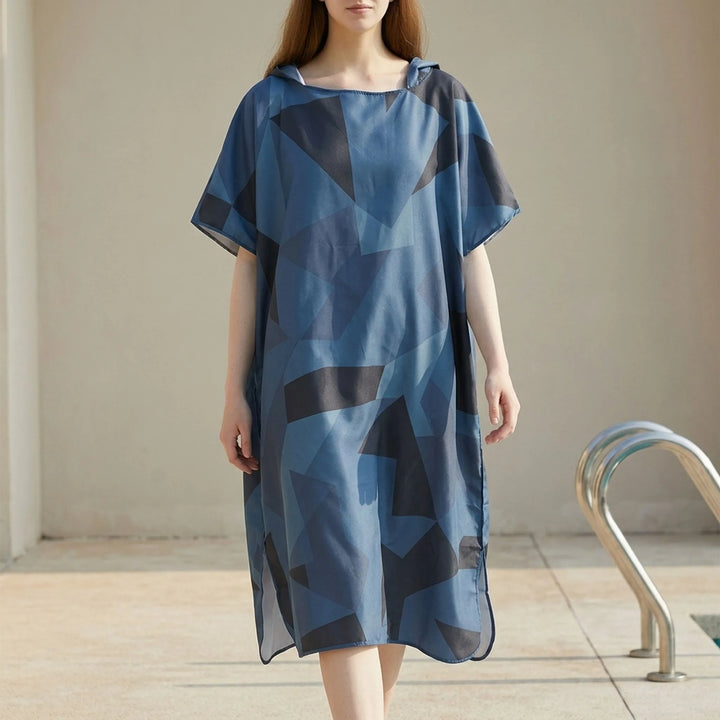 Quick-dry unisex hooded changing robe with a modern geometric print, great for watersports enthusiasts.