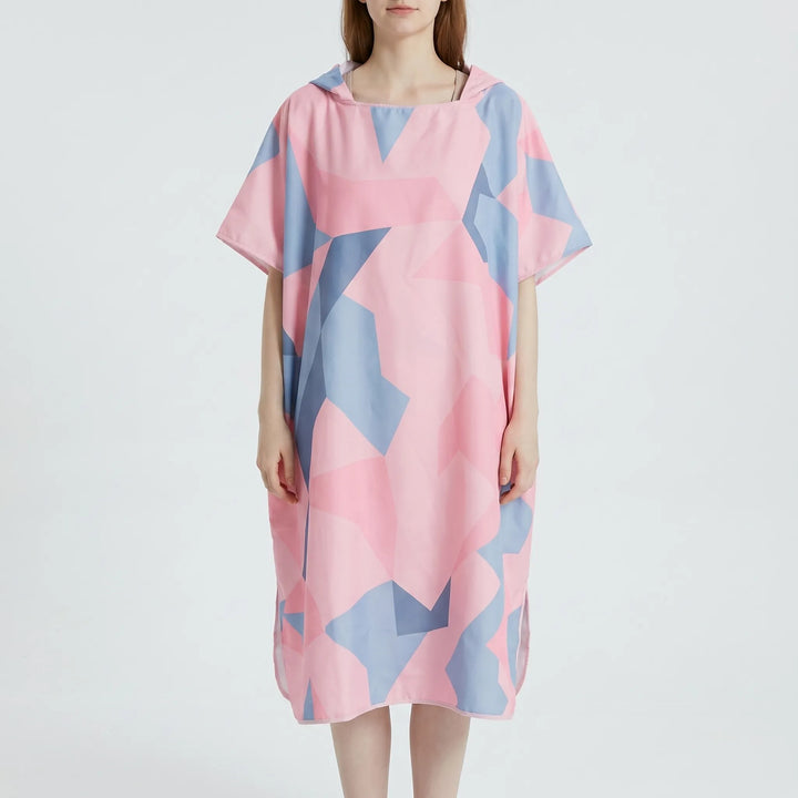 Soft, absorbent geometric print hooded changing robe; offers privacy & warmth post-swim or surf.