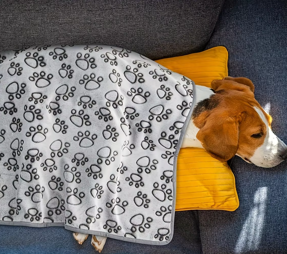 Unisex gray pet sofa bed blanket with paw print pattern for furniture protection