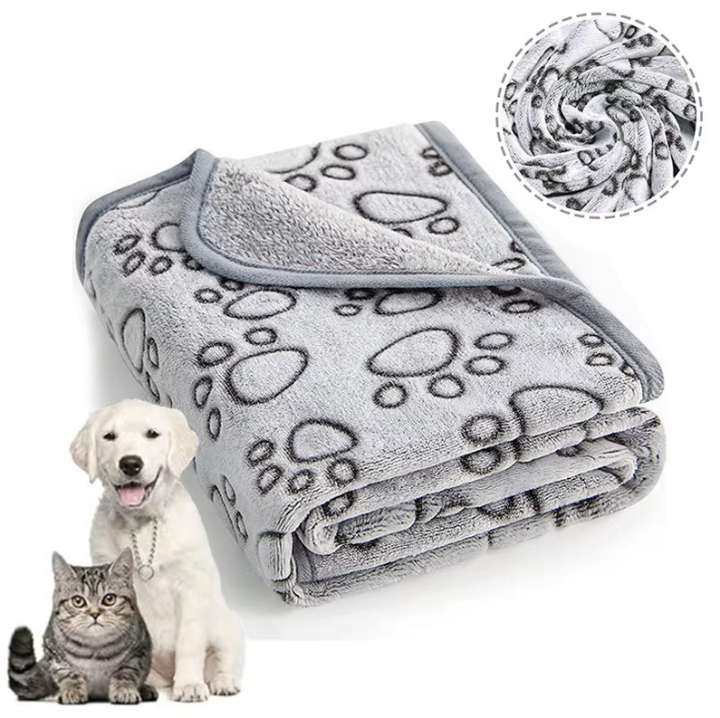 Soft pet comfort blanket for dog bed, machine washable, gray paw print design
