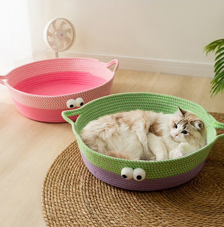 Unisex hand-woven cotton rope cat bed with cute animal design, cozy pet furniture