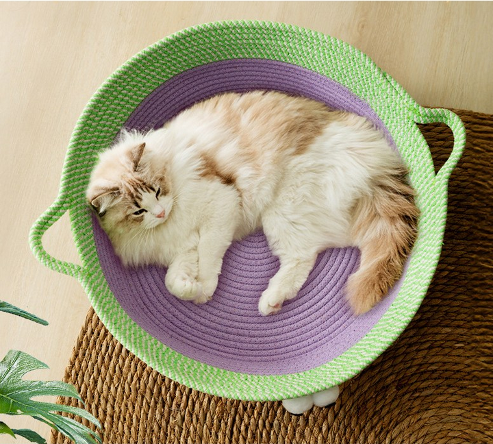 Overhead view of a durable cotton rope cat bed with charming animal design, pet supplies