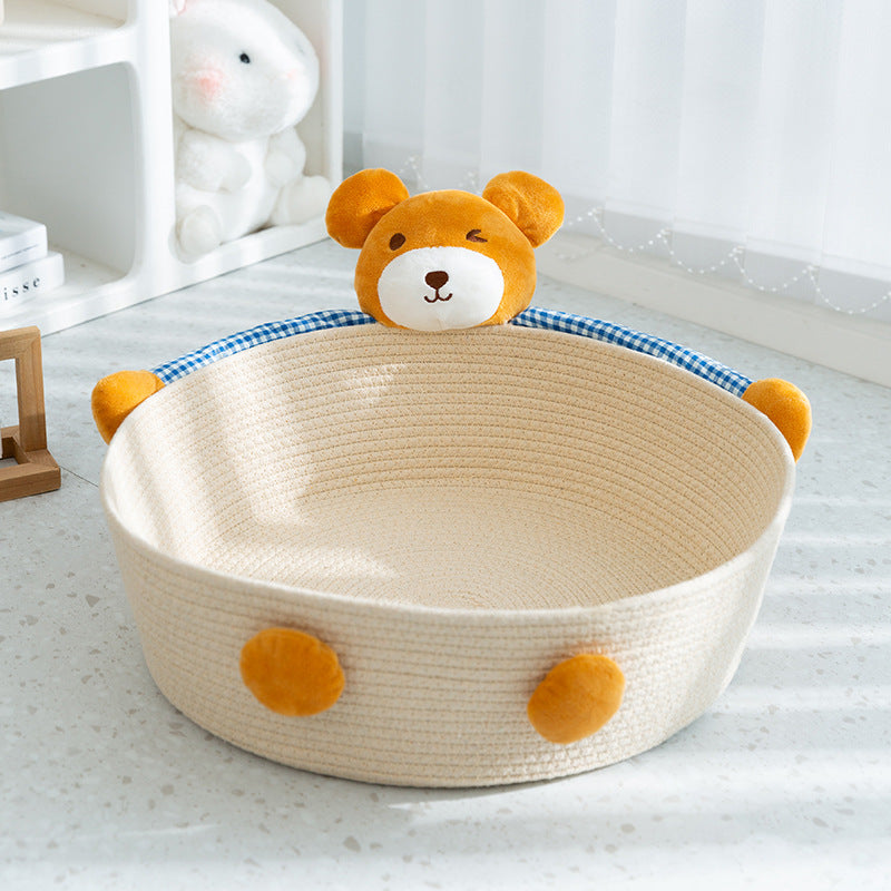 Texture shot of a hand-woven cotton rope cat bed, highlighting its animal design and quality
