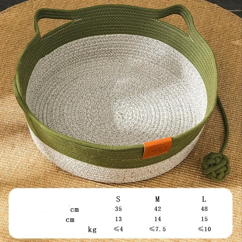 Close-up of the hand-woven texture of a cotton rope cat bed with scratching area