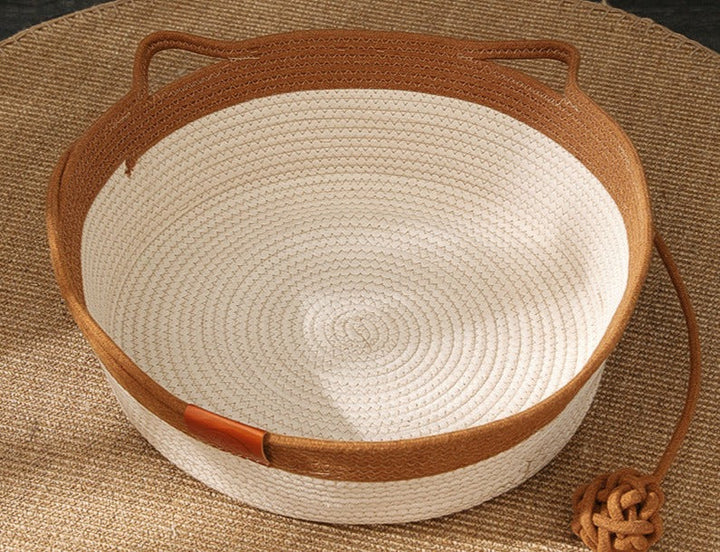 Eco-friendly cat bed featuring a sturdy hand-woven cotton rope design and scratching surface