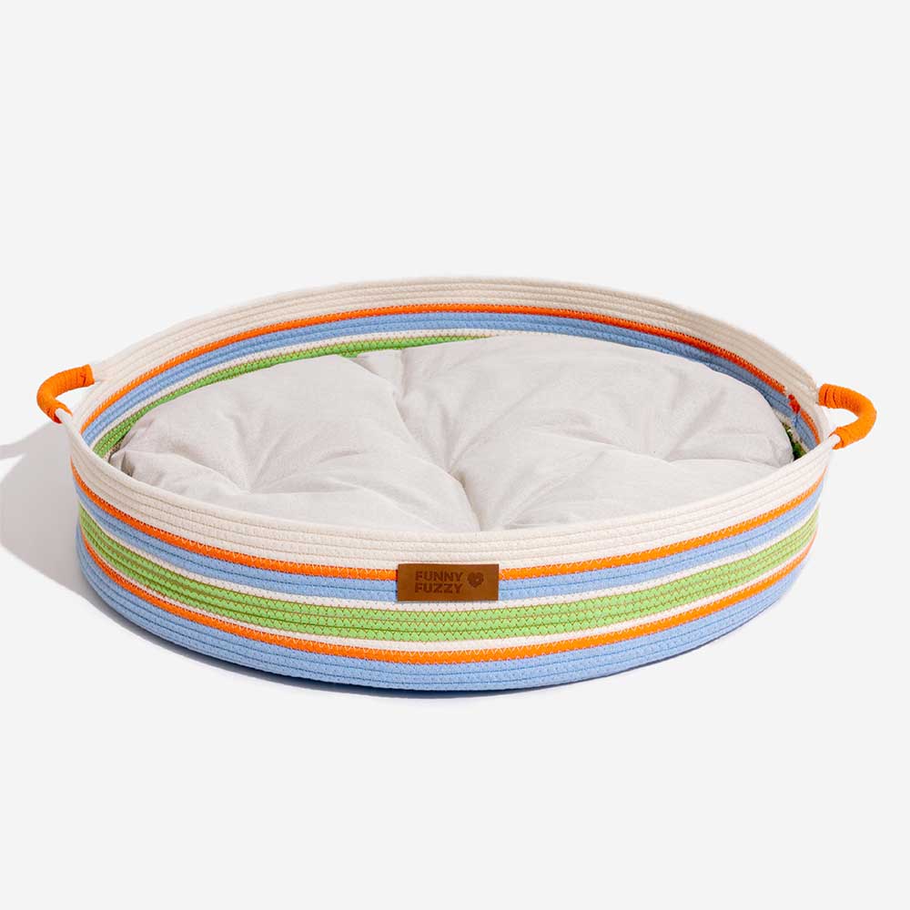 Experience comfort with this portable, handcrafted striped pet bed