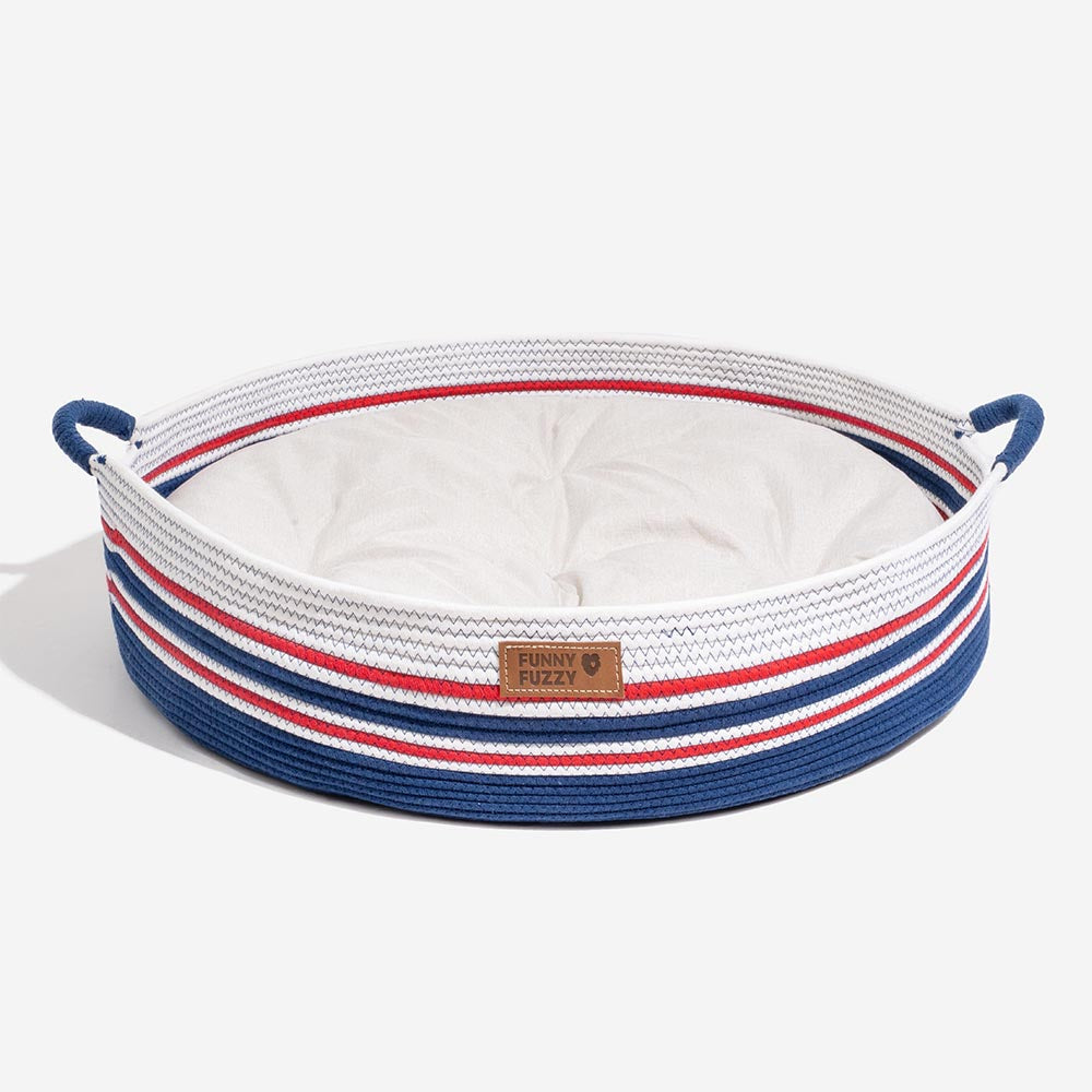 Pet bed offering striped comfort, handcrafted for canine and feline friends