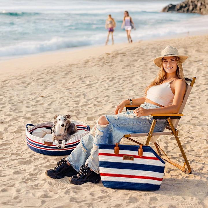 Cozy, portable striped pet bed, handcrafted for ultimate pet comfort