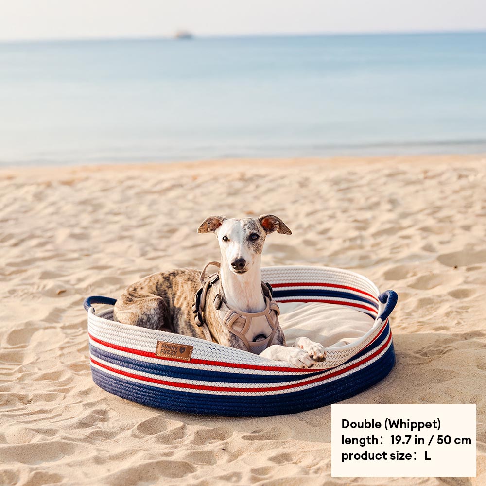 Calming pet bed with artisanal stripes, suitable for dogs & cats