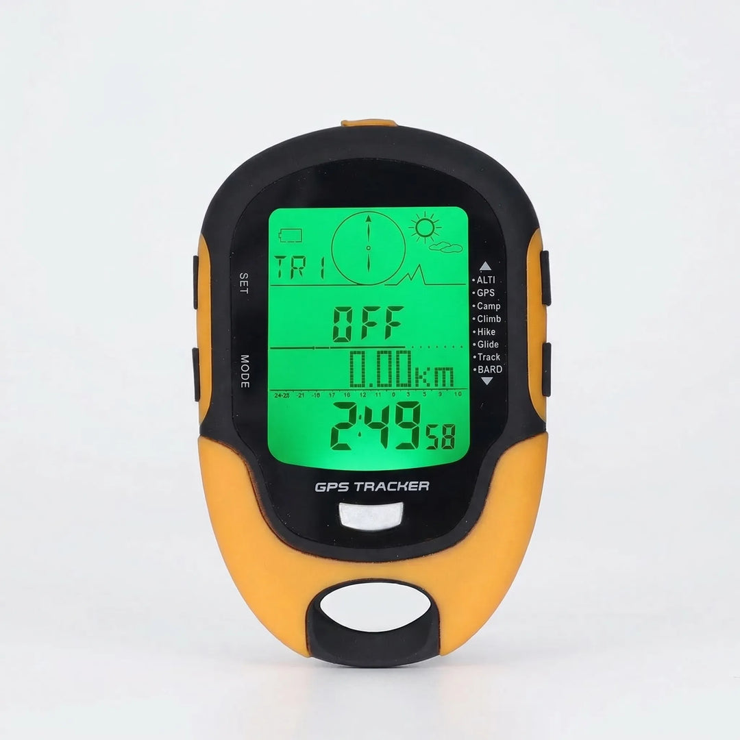 Rugged outdoor GPS navigation meter with multimeter, altimeter, compass, & thermometer for adventurers.