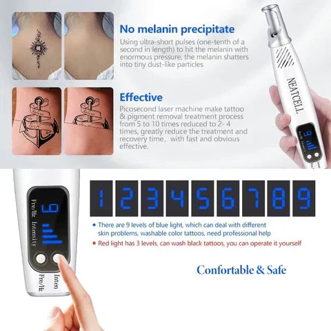 Portable laser pen for precise spot & tattoo removal, promoting skin rejuvenation. Essential beauty tool.