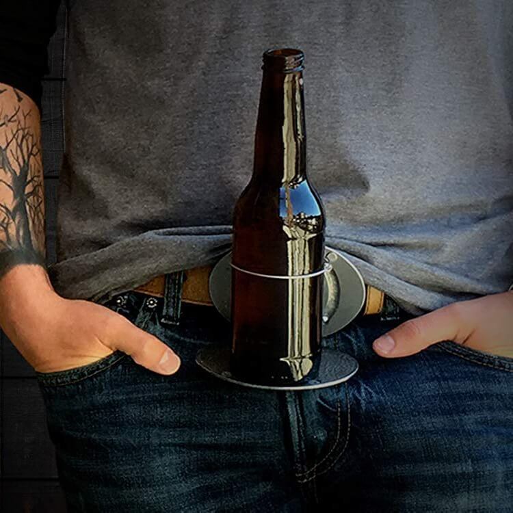 Black hands-free beer holder belt buckle, perfect for parties & tailgates.