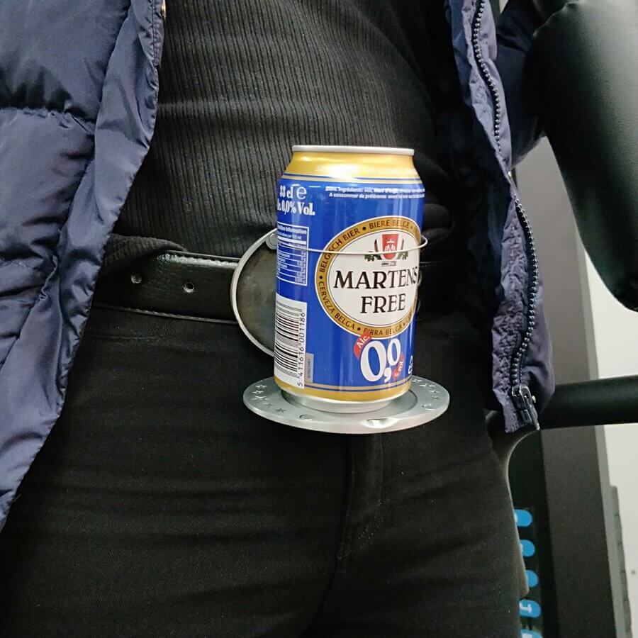 Festival essential: black portable drink holder for hands-free enjoyment.