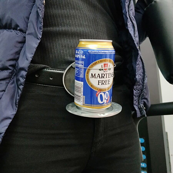 Festival essential: black portable drink holder for hands-free enjoyment.