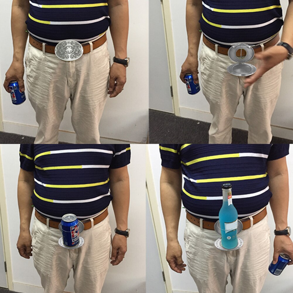 Hands-free beverage carrier for men and women, attaches to a belt.