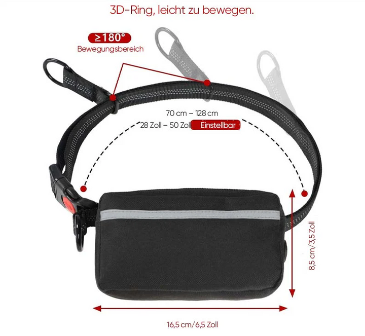 Close-up of a hands-free dog leash with a reflective strip on a black fanny pack