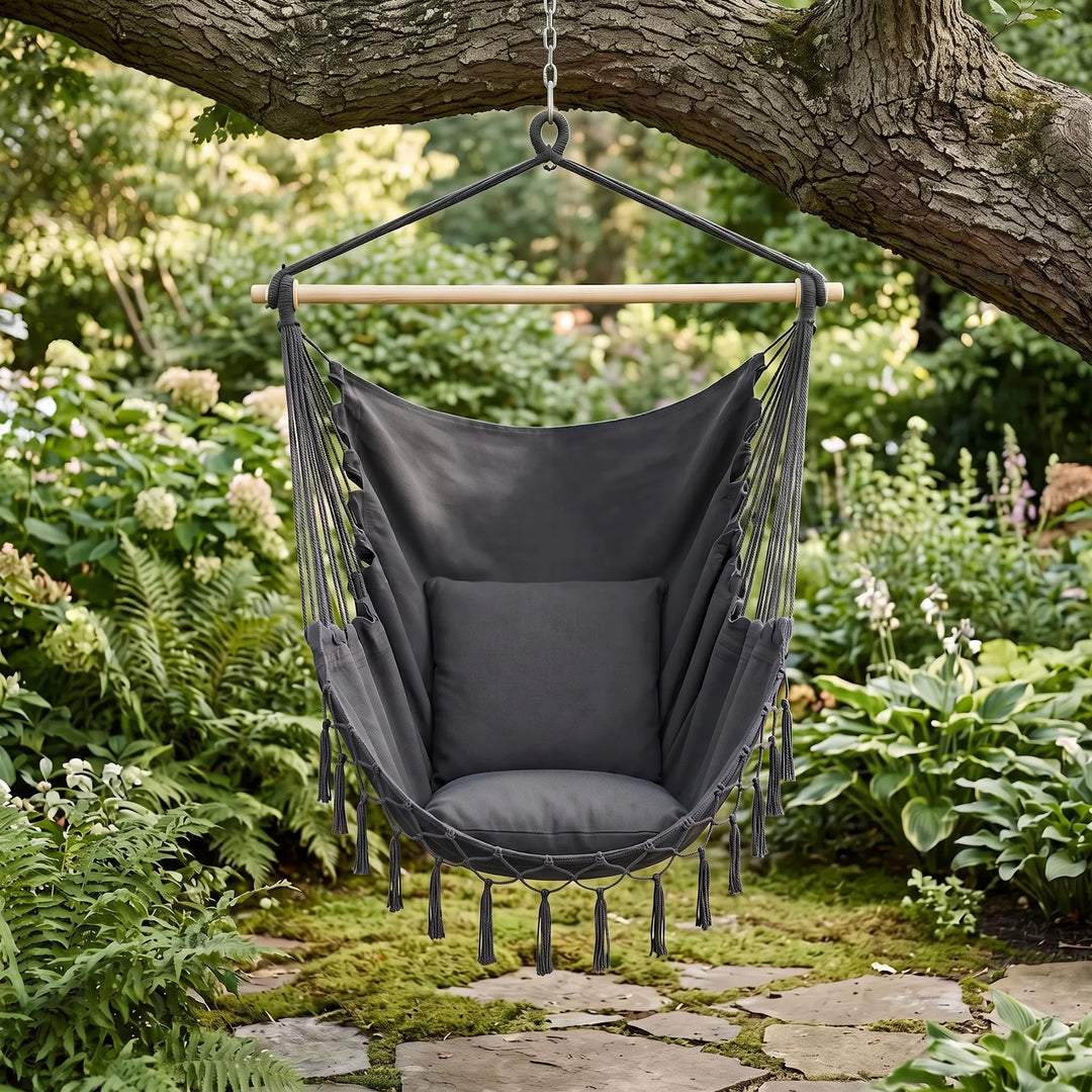 Unisex hanging hammock chair for indoor & outdoor relaxation. Comfortable swing chair, perfect for home decor.