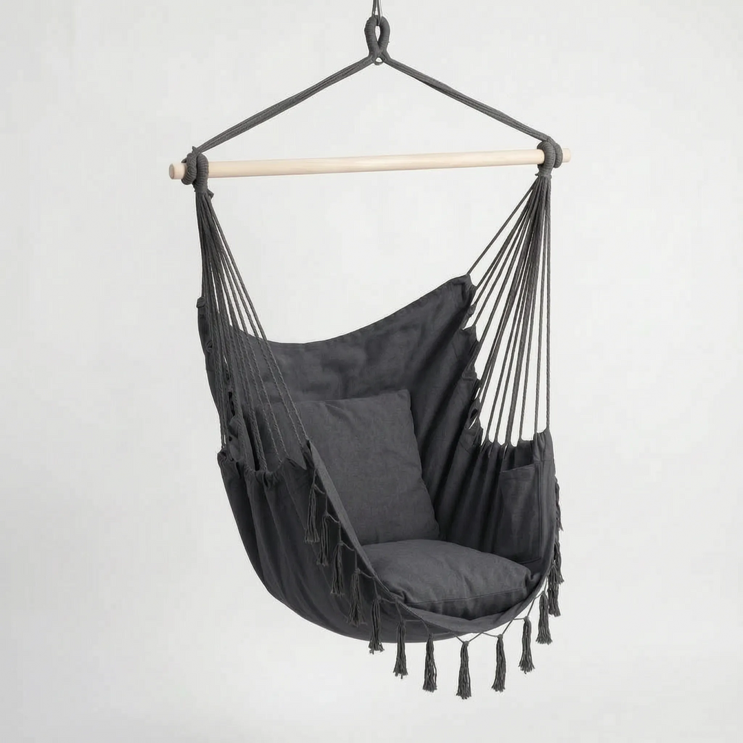 Unisex hanging swing hammock chair. Perfect for indoor or outdoor relaxation, a space-saving boho home decor item.