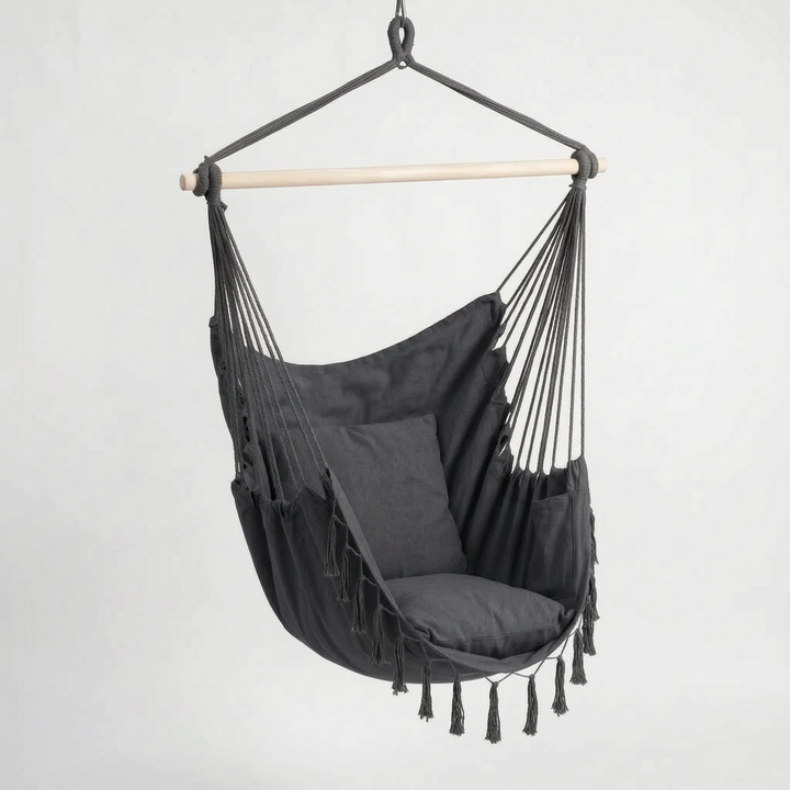 Unisex hanging swing hammock chair. Perfect for indoor or outdoor relaxation, a space-saving boho home decor item.