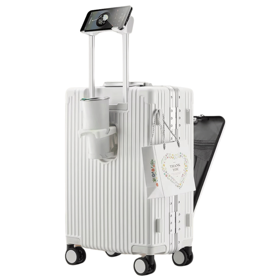 Unisex hard shell carry-on suitcase, black, with smart tech features for modern travel.