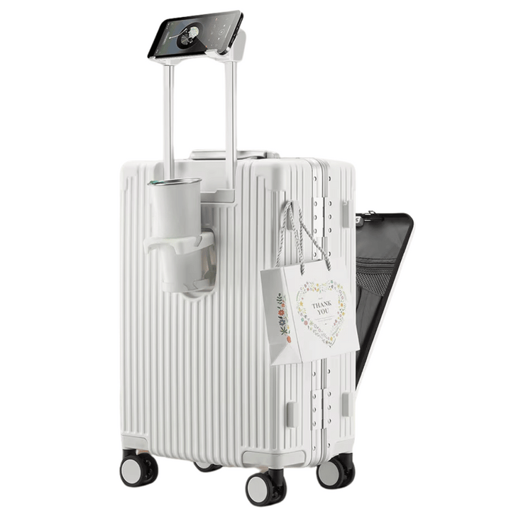 Unisex hard shell carry-on suitcase, black, with smart tech features for modern travel.