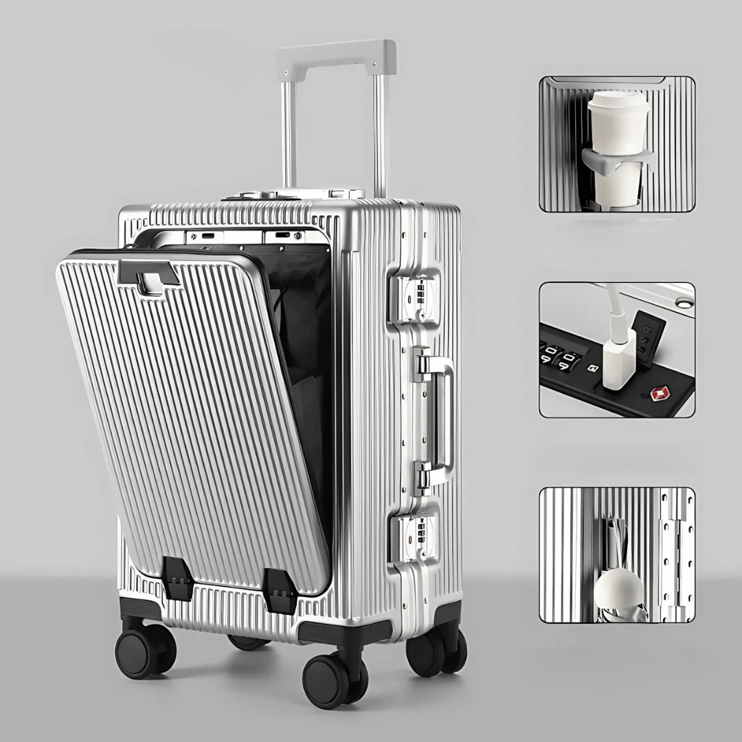 Professional business travel hardshell carry-on suitcase, black, with essential tech features.