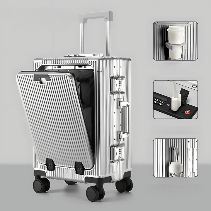 Professional business travel hardshell carry-on suitcase, black, with essential tech features.