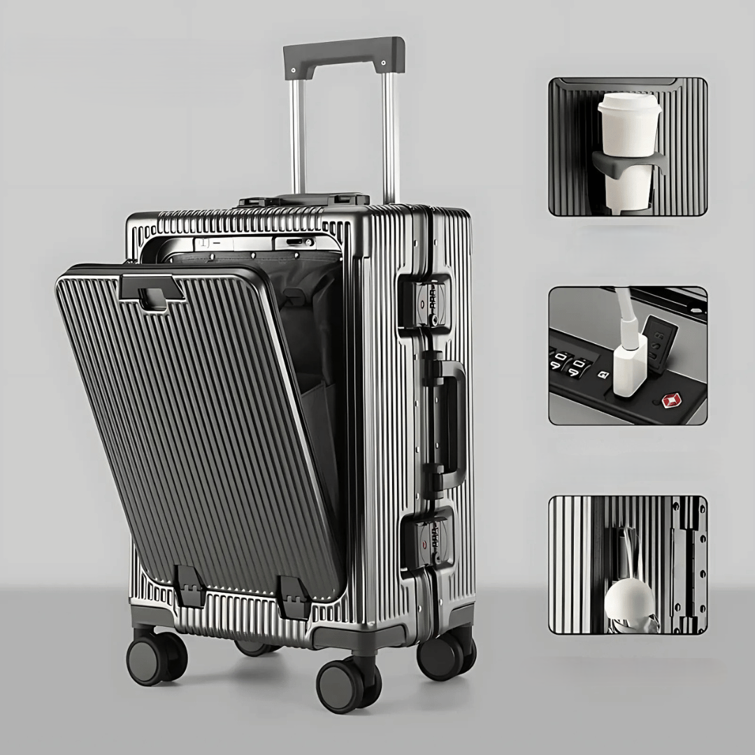 Unisex tech hardshell carry-on suitcase, smart luggage with USB charging for modern travelers.
