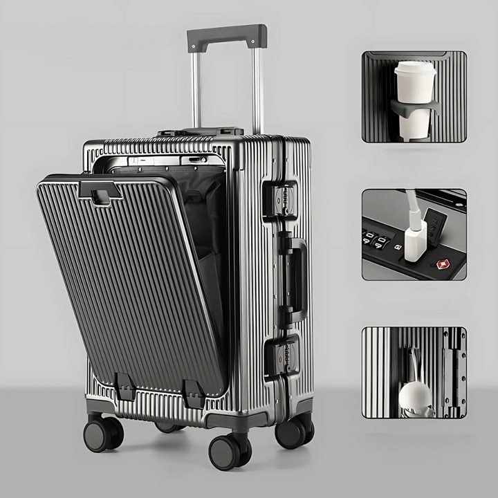 Unisex tech hardshell carry-on suitcase, smart luggage with USB charging for modern travelers.