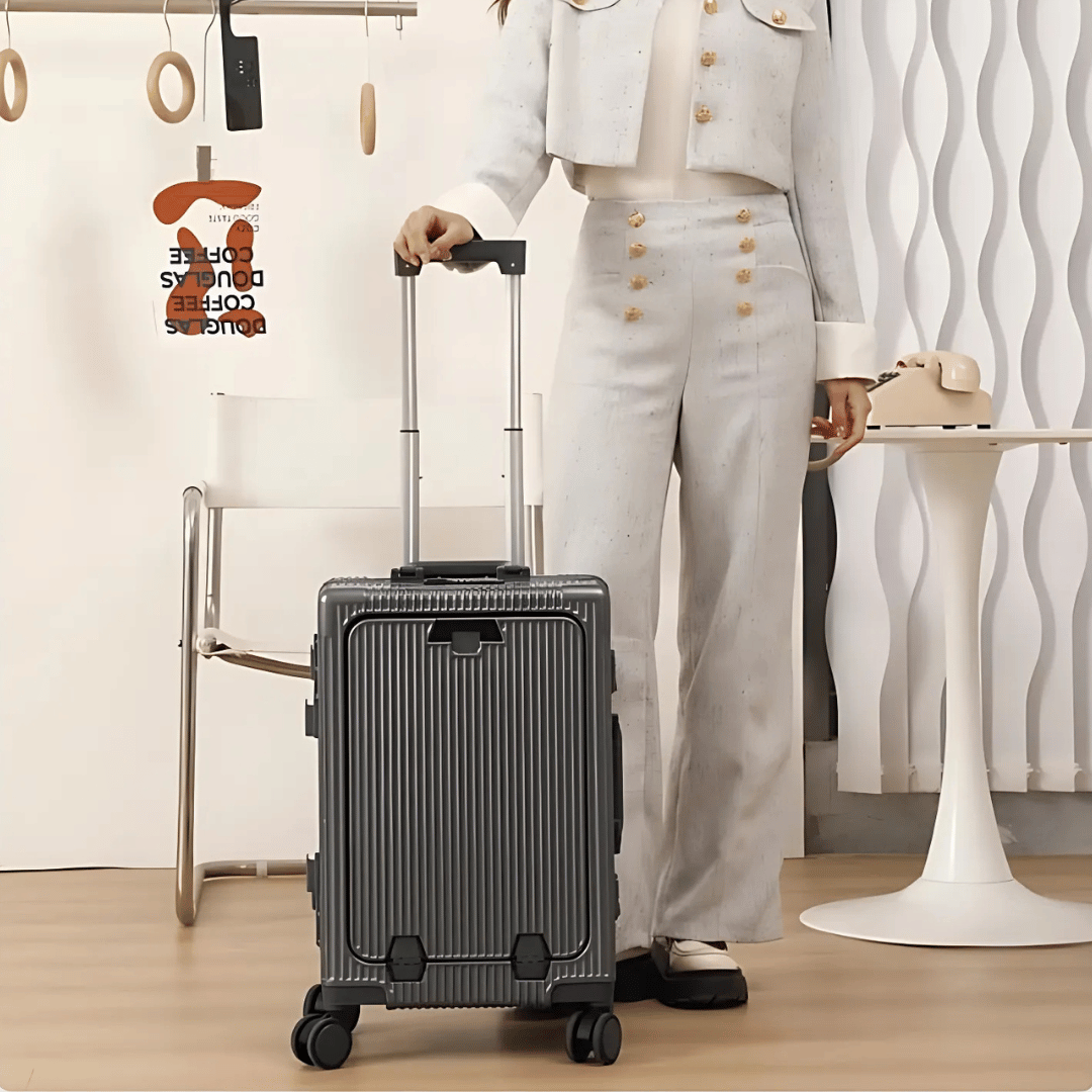 Smart hardshell carry-on luggage with integrated USB charging port for devices on the go.