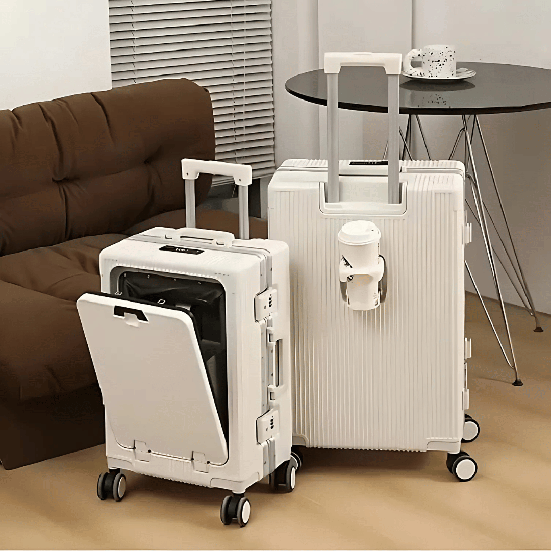 Durable hardshell carry-on suitcase, scratch-resistant, perfect for business travel and flyers.
