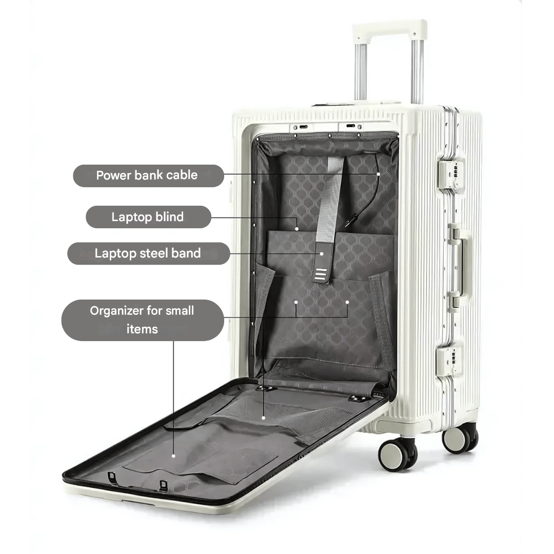 Stylish unisex hardshell luggage, carry-on size, designed for efficient and connected travel.