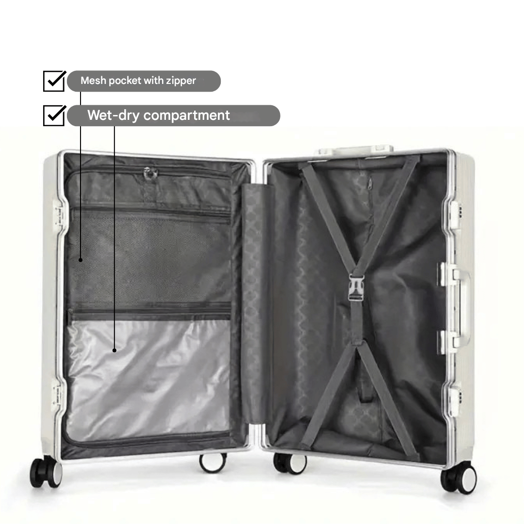 Ergonomic hardshell carry-on suitcase with smooth wheels and integrated tech for seamless journeys.