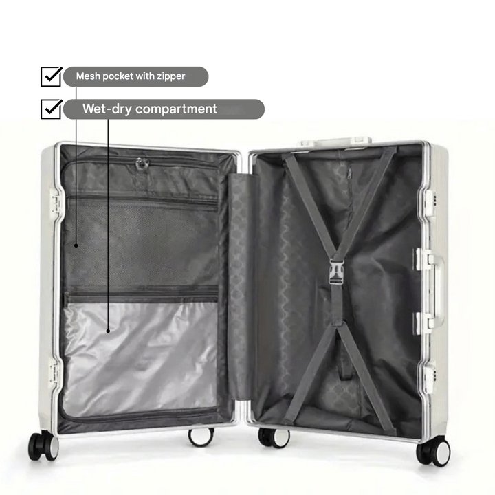 Ergonomic hardshell carry-on suitcase with smooth wheels and integrated tech for seamless journeys.