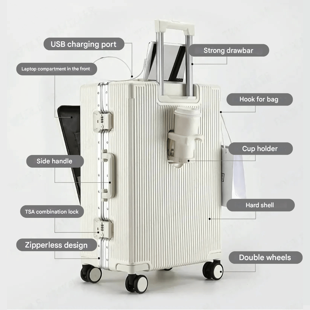 Hardshell carry-on suitcase with smooth spinner wheels and a convenient USB charging port.