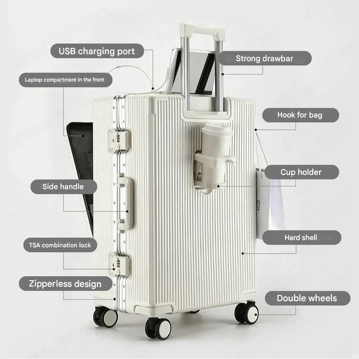 Hardshell carry-on suitcase with smooth spinner wheels and a convenient USB charging port.